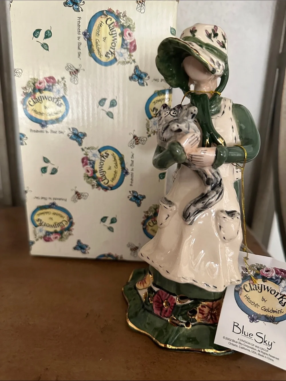 Blue Sky Green & Cream Girl Figurine Holding Cats